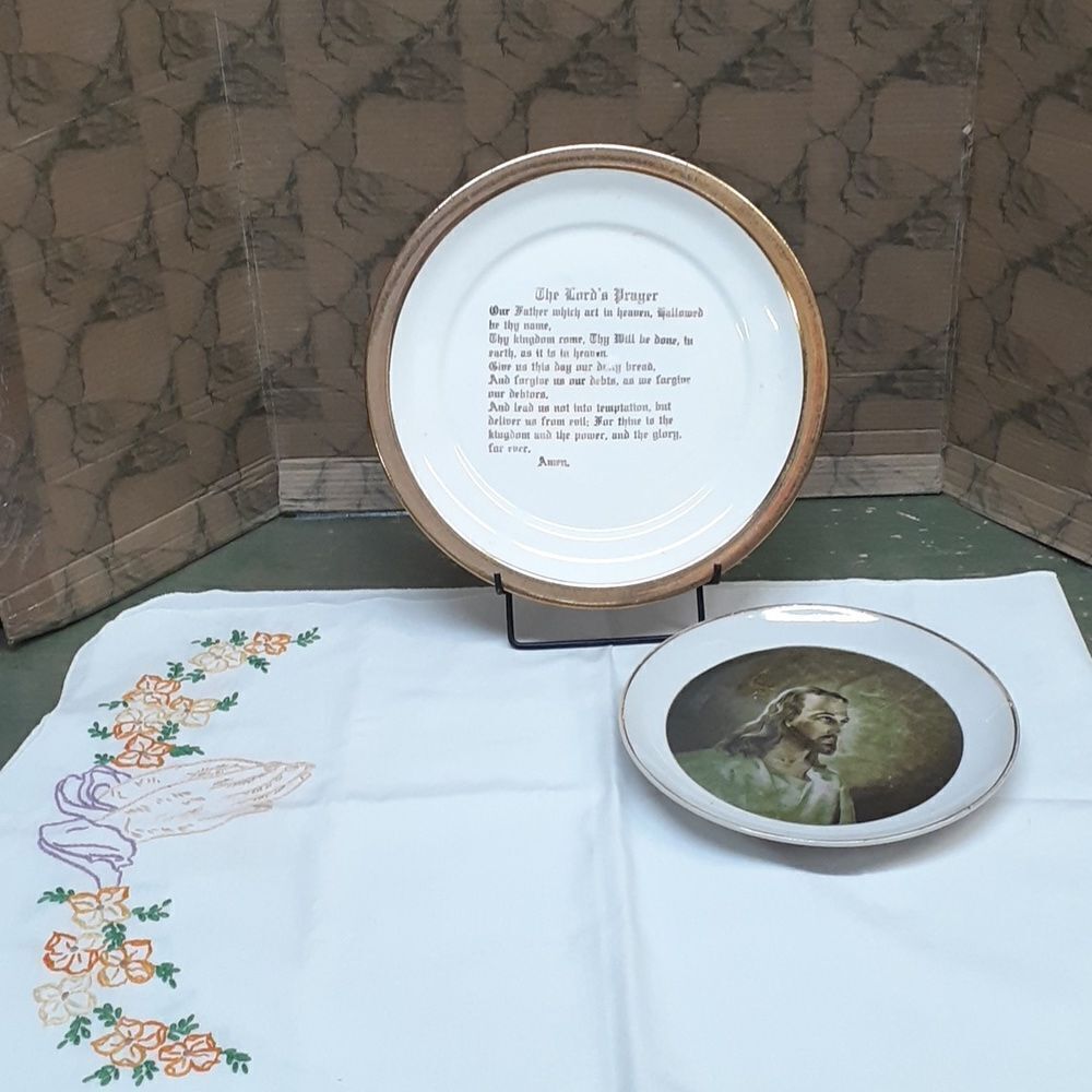 22K Lord's Prayer, portrait of‎ Christ, and embroidered runner 3 pc. bundle